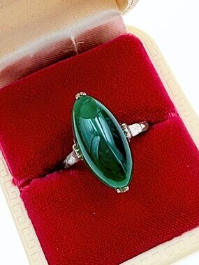 Antique Art Deco Marked Sterling Silver Cab Nephrite Jade Cocktail Ring Sz 6